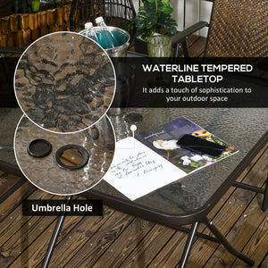 5 Pieces Outdoor Dining Set, Folding Rattan Patio Table and Chairs for 4 with Umbrella Hole, Tempered Glass Top, Dark Brown