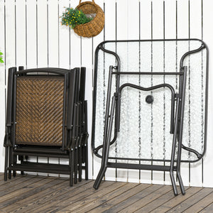 5 Pieces Outdoor Dining Set, Folding Rattan Patio Table and Chairs for 4 with Umbrella Hole, Tempered Glass Top, Dark Brown