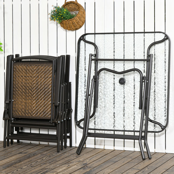 5 Pieces Outdoor Dining Set, Folding Rattan Patio Table and Chairs for 4 with Umbrella Hole, Tempered Glass Top, Dark Brown