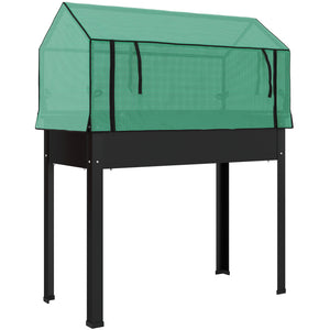 Raised Garden Bed Planter with Flip-Up PE Greenhouse Cover, Elevated Planter Box with Legs and Drainage Hole for Vegetables, Flowers, 39.4" x 18.9" x 49.6", Black