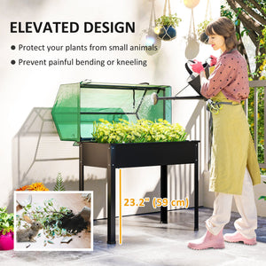 Raised Garden Bed Planter with Flip-Up PE Greenhouse Cover, Elevated Planter Box with Legs and Drainage Hole for Vegetables, Flowers, 39.4" x 18.9" x 49.6", Black