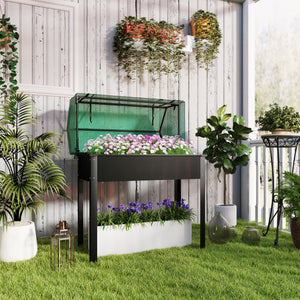 Raised Garden Bed Planter with Flip-Up PE Greenhouse Cover, Elevated Planter Box with Legs and Drainage Hole for Vegetables, Flowers, 39.4" x 18.9" x 49.6", Black