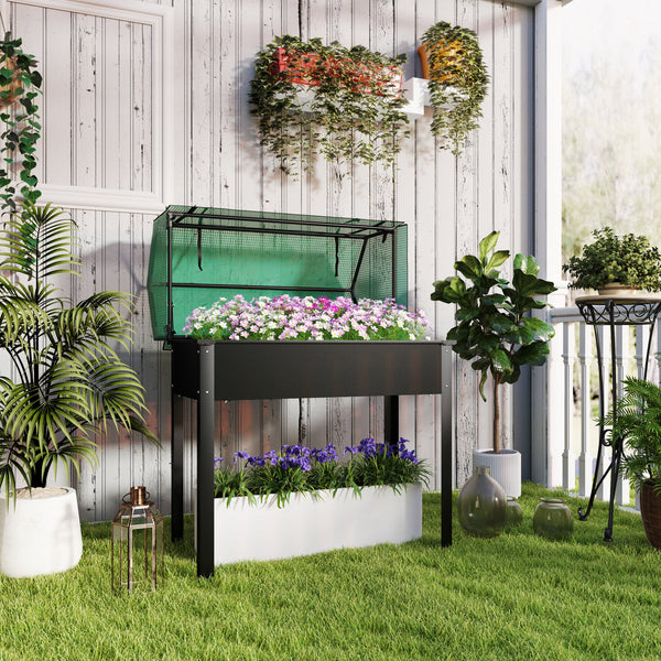 Raised Garden Bed Planter with Flip-Up PE Greenhouse Cover, Elevated Planter Box with Legs and Drainage Hole for Vegetables, Flowers, 39.4" x 18.9" x 49.6", Black