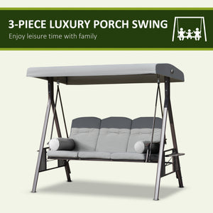 3 Seater Porch Swing Heavy Duty Outdoor Swing Chair Outdoor Lounge Hammock Cushioned Seat w/ Tilt Canopy, Light Grey