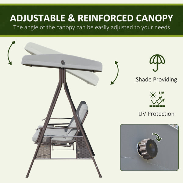 3 Seater Porch Swing Heavy Duty Outdoor Swing Chair Outdoor Lounge Hammock Cushioned Seat w/ Tilt Canopy, Light Grey