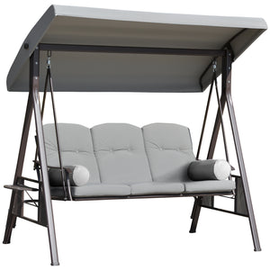 3 Seater Porch Swing Heavy Duty Outdoor Swing Chair Outdoor Lounge Hammock Cushioned Seat w/ Tilt Canopy, Light Grey