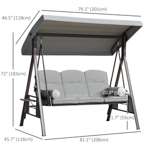 3 Seater Porch Swing Heavy Duty Outdoor Swing Chair Outdoor Lounge Hammock Cushioned Seat w/ Tilt Canopy, Light Grey