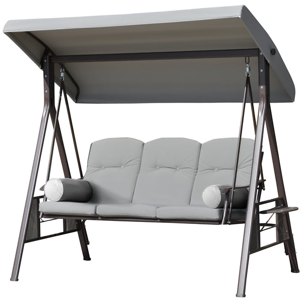3 Seater Porch Swing Heavy Duty Outdoor Swing Chair Outdoor Lounge Hammock Cushioned Seat w/ Tilt Canopy, Light Grey