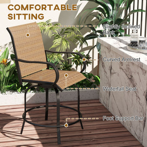 Outdoor Bar Stools Set of 2 with Armrests, 360° Swivel Bar Height Patio Chairs with Mesh Fabric, Steel Frame Dining Chairs, for Balcony, Poolside, Backyard, Brown