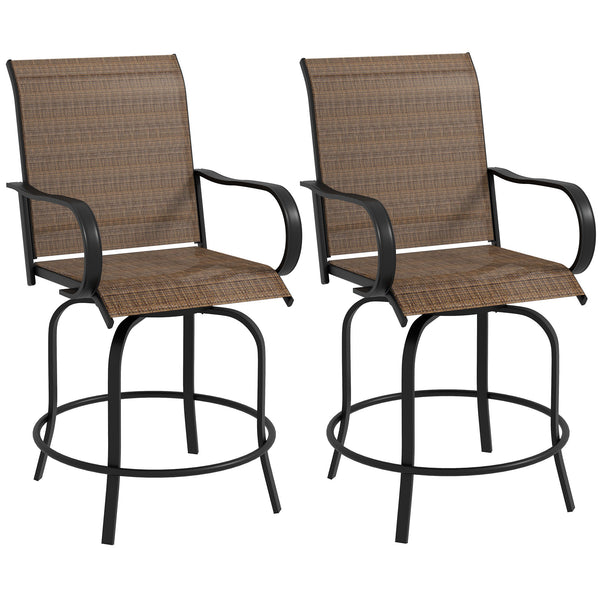 Outdoor Bar Stools Set of 2 with Armrests, 360° Swivel Bar Height Patio Chairs with Mesh Fabric, Steel Frame Dining Chairs, for Balcony, Poolside, Backyard, Brown
