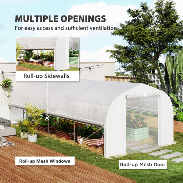 6 x 3 x 2m Walk-in Polytunnel Greenhouse, Zipped Roll Up Sidewalls, Mesh Door, 8 Mesh Windows, Tunnel Warm House Tent with PE Cover, Complimentary Plant Labels and Gloves, White