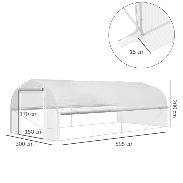 6 x 3 x 2m Walk-in Polytunnel Greenhouse, Zipped Roll Up Sidewalls, Mesh Door, 8 Mesh Windows, Tunnel Warm House Tent with PE Cover, Complimentary Plant Labels and Gloves, White
