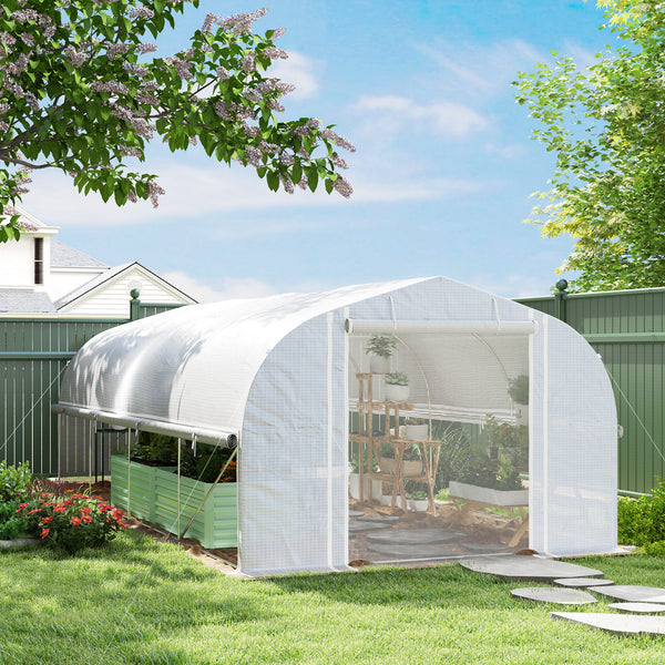 6 x 3 x 2m Walk-in Polytunnel Greenhouse, Zipped Roll Up Sidewalls, Mesh Door, 8 Mesh Windows, Tunnel Warm House Tent with PE Cover, Complimentary Plant Labels and Gloves, White