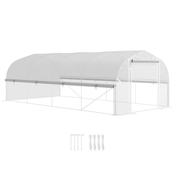6 x 3 x 2m Walk-in Polytunnel Greenhouse, Zipped Roll Up Sidewalls, Mesh Door, 8 Mesh Windows, Tunnel Warm House Tent with PE Cover, Complimentary Plant Labels and Gloves, White