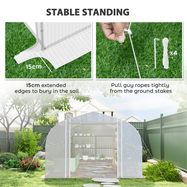 6 x 3 x 2m Walk-in Polytunnel Greenhouse, Zipped Roll Up Sidewalls, Mesh Door, 8 Mesh Windows, Tunnel Warm House Tent with PE Cover, Complimentary Plant Labels and Gloves, White