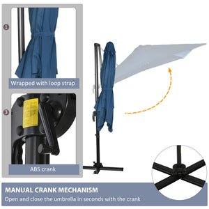 8' x 8' Square Patio Hanging Offset Umbrella with 360° Rotation, Aluminum Outdoor Cantilever Parasol with Crank & Tilt, Sun Canopy Shelter with Cross Base, Dark Blue