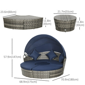 4 Pieces Outdoor Daybed with Retractable Canopy, PE Rattan Wicker Round Sofa Day Bed, Patio Sectional Conversation Furniture Set with Cushions and Pillows, Dark Blue