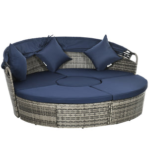 4 Pieces Outdoor Daybed with Retractable Canopy, PE Rattan Wicker Round Sofa Day Bed, Patio Sectional Conversation Furniture Set with Cushions and Pillows, Dark Blue