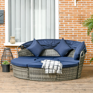 4 Pieces Outdoor Daybed with Retractable Canopy, PE Rattan Wicker Round Sofa Day Bed, Patio Sectional Conversation Furniture Set with Cushions and Pillows, Dark Blue