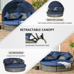 4 Pieces Outdoor Daybed with Retractable Canopy, PE Rattan Wicker Round Sofa Day Bed, Patio Sectional Conversation Furniture Set with Cushions and Pillows, Dark Blue