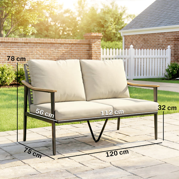 2 Seater Rattan Sofa, Outdoor Garden Sofa with Wood-Effect Armrests, PE Rattan Garden Furniture with Cushions, Steel Frame for Porch, Patio, Balcony, Khaki