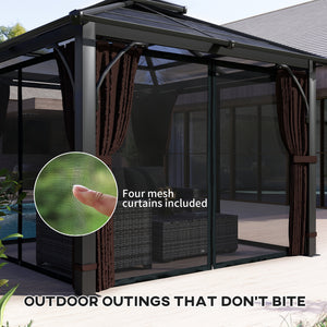 3 x 3(m) Hardtop Gazebo Canopy with 7mm Double Polycarbonate Roof, Garden Gazebo Permanent Pavilion with Mosquito Netting and Curtains for Patio, Deck, Brown