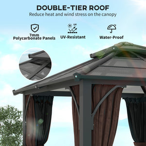 3 x 3(m) Hardtop Gazebo Canopy with 7mm Double Polycarbonate Roof, Garden Gazebo Permanent Pavilion with Mosquito Netting and Curtains for Patio, Deck, Brown