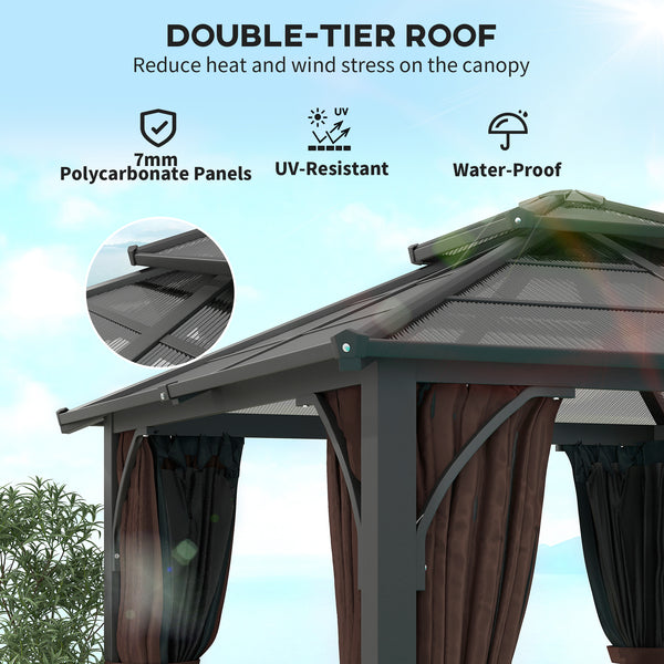 3 x 3(m) Hardtop Gazebo Canopy with 7mm Double Polycarbonate Roof, Garden Gazebo Permanent Pavilion with Mosquito Netting and Curtains for Patio, Deck, Brown