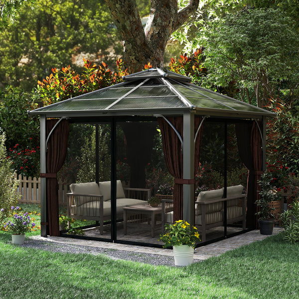 3 x 3(m) Hardtop Gazebo Canopy with 7mm Double Polycarbonate Roof, Garden Gazebo Permanent Pavilion with Mosquito Netting and Curtains for Patio, Deck, Brown