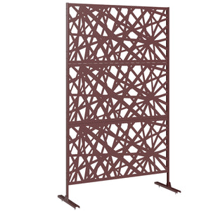 Metal Outdoor Privacy Screen, 78" x 48" Freestanding Outdoor Divider with Stand, Decorative Privacy Panel with Labyrinth Cut-out Design for Garden Patio, Dark Brown