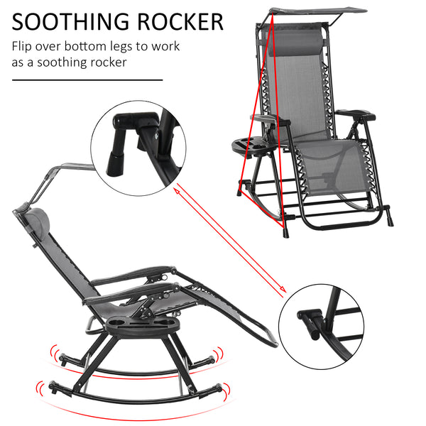 Garden Rocking Chair Folding Recliner Outdoor Adjustable Sun Lounger Rocker Zero-Gravity Seat with Headrest Side Holder Patio Deck - Grey