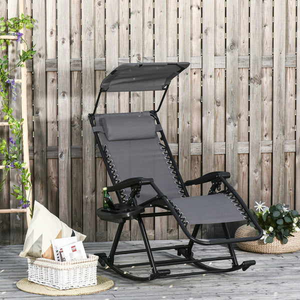 Garden Rocking Chair Folding Recliner Outdoor Adjustable Sun Lounger Rocker Zero-Gravity Seat with Headrest Side Holder Patio Deck - Grey