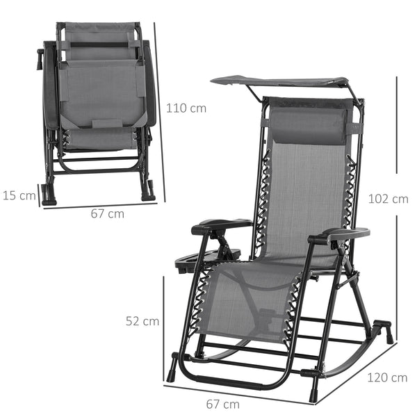 Garden Rocking Chair Folding Recliner Outdoor Adjustable Sun Lounger Rocker Zero-Gravity Seat with Headrest Side Holder Patio Deck - Grey