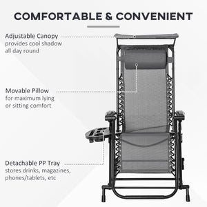 Garden Rocking Chair Folding Recliner Outdoor Adjustable Sun Lounger Rocker Zero-Gravity Seat with Headrest Side Holder Patio Deck - Grey
