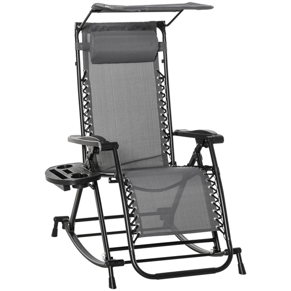 Garden Rocking Chair Folding Recliner Outdoor Adjustable Sun Lounger Rocker Zero-Gravity Seat with Headrest Side Holder Patio Deck - Grey