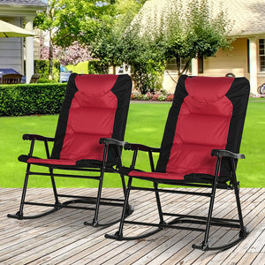 2pc Patio Foldable Rocking Chair Set w/ Soft Padded Seat, Backrest, and Headrest for park, backyard, garden, Red