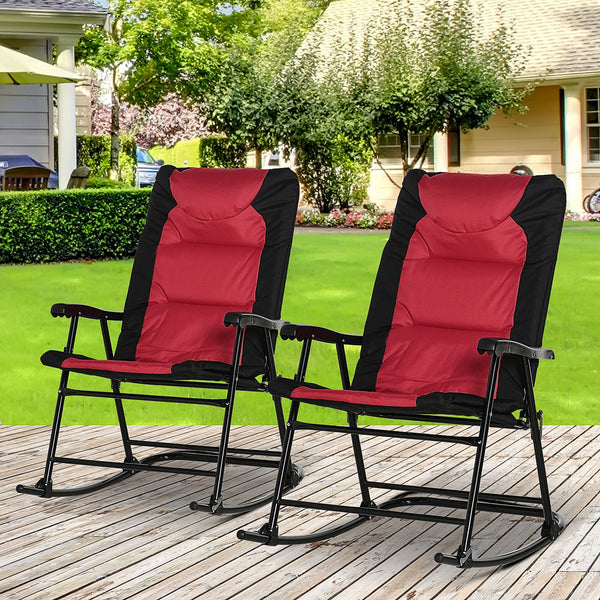 2pc Patio Foldable Rocking Chair Set w/ Soft Padded Seat, Backrest, and Headrest for park, backyard, garden, Red
