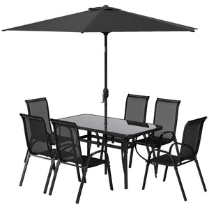8 Pieces Patio Table and Chairs Set with 9 Ft Patio Umbrella, Outdoor Dining Set with 4.6 Ft Dining Table and 6 Chairs, Push Button Tilt and Crank Parasol, Tempered Glass Top, Black