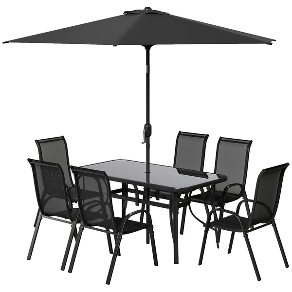 8 Pieces Patio Table and Chairs Set with 9 Ft Patio Umbrella, Outdoor Dining Set with 4.6 Ft Dining Table and 6 Chairs, Push Button Tilt and Crank Parasol, Tempered Glass Top, Black