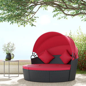 4 Pieces Outdoor Daybed with Retractable Canopy, PE Rattan Wicker Round Sofa Day Bed, Patio Sectional Conversation Furniture Set with Cushions and Pillows, Red