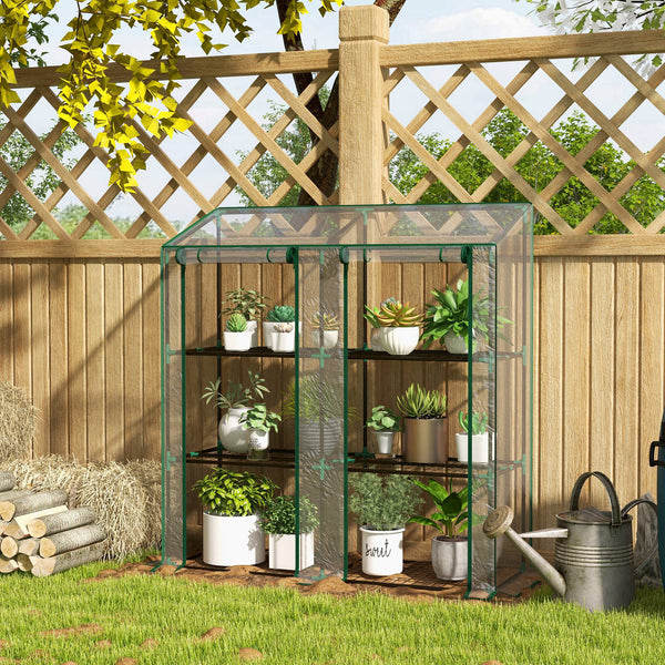 Lean-to Greenhouse with 3 Tier Shelves, 56.3" x 18.1" x 59.4" Portable Small Greenhouse with 2 Roll-Up Zippered Doors, Transparent Plastic Cover, for Indoor Outdoor Garden Backyard, Clear