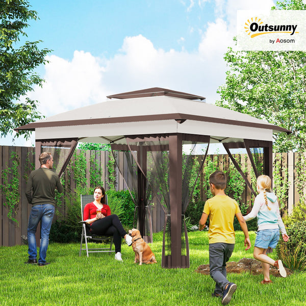 12' x 12' Pop Up Canopy Sun Shade Instant Tent Folding with Mesh Sidewalls, 3-Level Adjustable Height and Storage Bag, Beige and Dark Brown