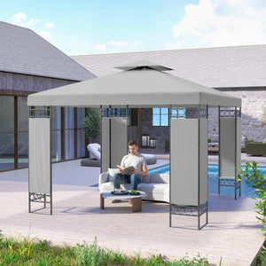 10 x 10 FT Canopy Gazebo, Double Roof Outdoor Gazebo with Screen Panels and Metal Frame, Patio Gazebo for Poolside, Garden, Deck, Backyard, Light Grey