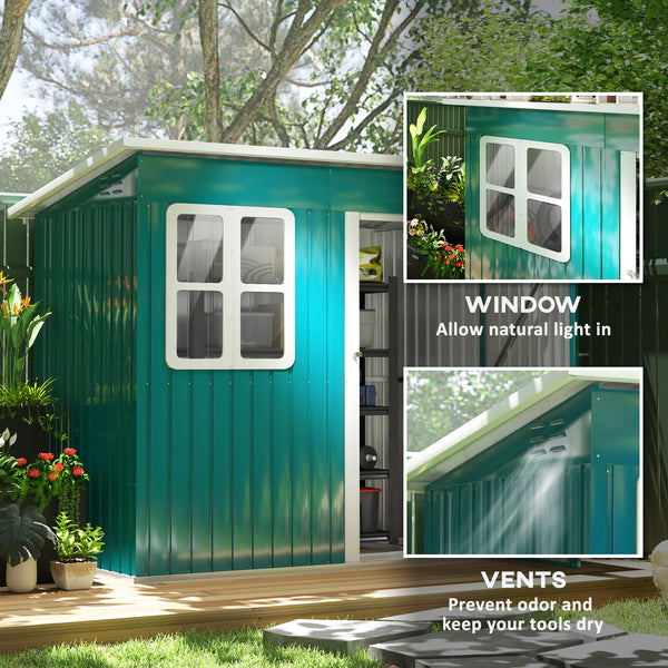 7 x 4ft Storage Shed Galvanised Steel Garden Shed, Metal Shed with Foundation Kit, Window, Lockable Wide Door and Air Vents for Outdoor Patio, Green