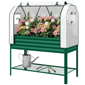 Galvanised Raised Garden Bed with Greenhouse Cover, Metal Elevated Garden Bed with Legs, Bed Liner and Bottom Shelf, Outdoor Raised Planter Box for Vegetables, Herbs, Flowers, Green