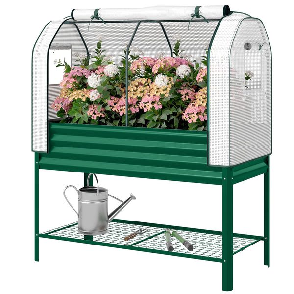 Galvanised Raised Garden Bed with Greenhouse Cover, Metal Elevated Garden Bed with Legs, Bed Liner and Bottom Shelf, Outdoor Raised Planter Box for Vegetables, Herbs, Flowers, Green