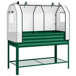 Galvanised Raised Garden Bed with Greenhouse Cover, Metal Elevated Garden Bed with Legs, Bed Liner and Bottom Shelf, Outdoor Raised Planter Box for Vegetables, Herbs, Flowers, Green