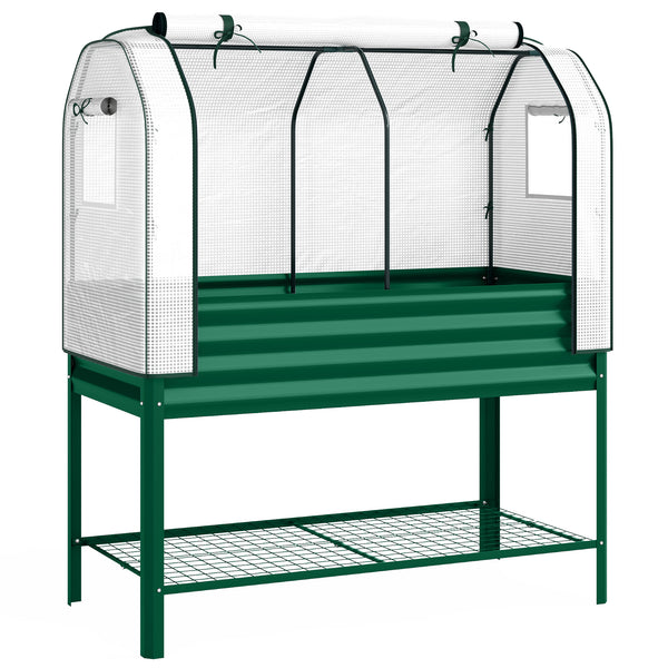 Galvanised Raised Garden Bed with Greenhouse Cover, Metal Elevated Garden Bed with Legs, Bed Liner and Bottom Shelf, Outdoor Raised Planter Box for Vegetables, Herbs, Flowers, Green