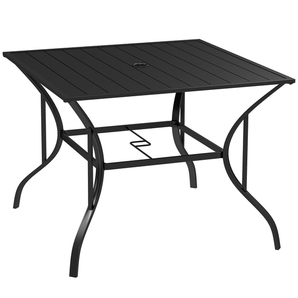 Outdoor Dining Table for Four, Patio Table with Parasol Hole, Square Garden Table with Slatted Metal Plate Top, for Backyard, Poolside, Black