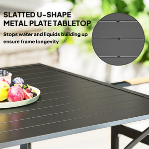 Outdoor Dining Table for Four, Patio Table with Parasol Hole, Square Garden Table with Slatted Metal Plate Top, for Backyard, Poolside, Black